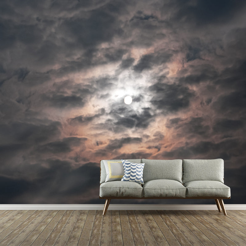 Grey-White Modern Wallpaper Mural Large Moon with Night Cloud Wall Decor for Home Gray-White Clearhalo 'Wall Decor' 'Wall Mural' 1785633