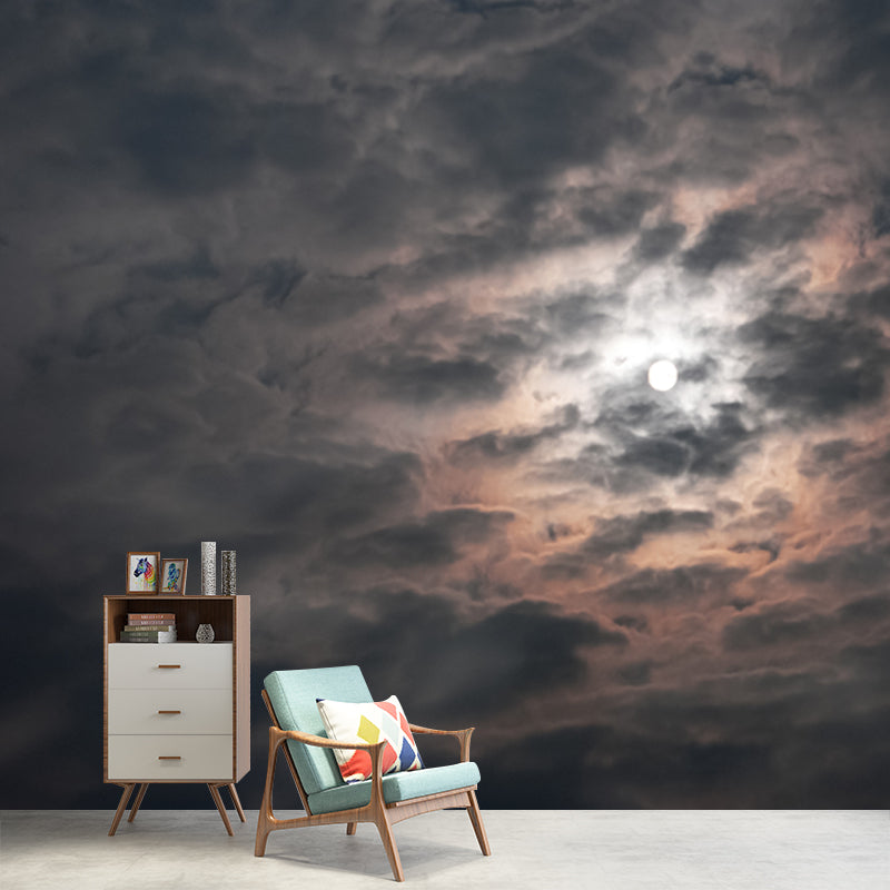 Grey-White Modern Wallpaper Mural Large Moon with Night Cloud Wall Decor for Home Clearhalo 'Wall Decor' 'Wall Mural' 1785634