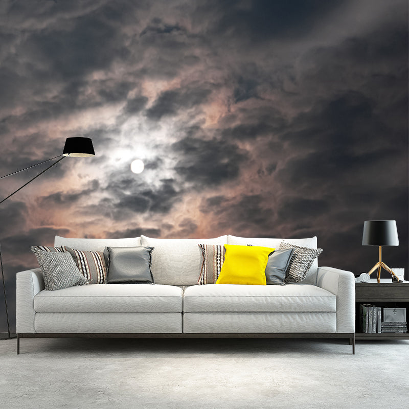 Grey-White Modern Wallpaper Mural Large Moon with Night Cloud Wall Decor for Home Clearhalo 'Wall Decor' 'Wall Mural' 1785635