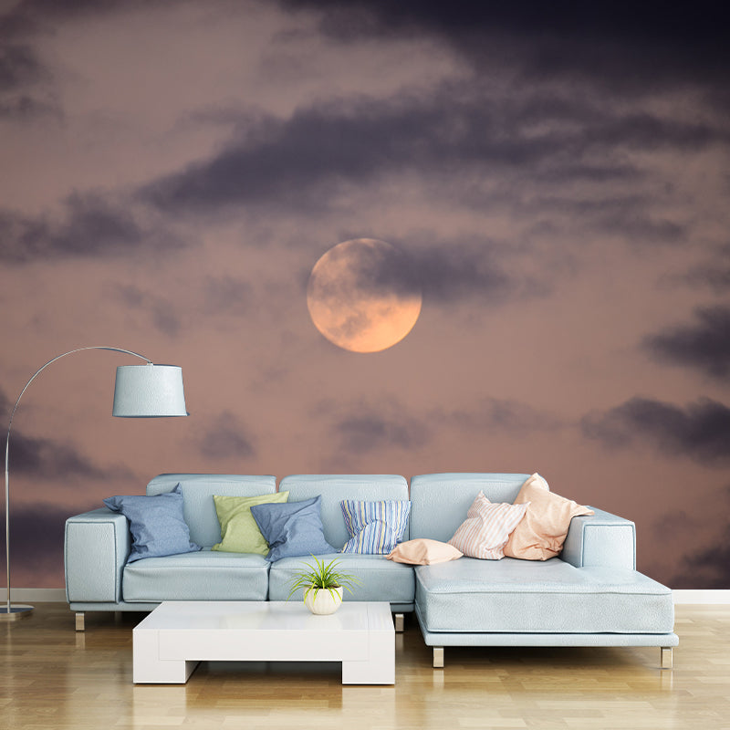 Misty Moon and Cloud Mural for Living Room, Grey-Yellow, Customized Size Available Gray-Yellow Clearhalo 'Wall Decor' 'Wall Mural' 1785691