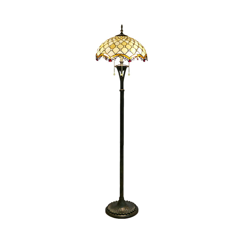 3 Lights Scalloped Reading Floor Lighting Baroque Brass Cut Glass Beaded/Floral Patterned Stand Up Light Clearhalo 'Floor Lamps' 'Lamps' Lighting' 1786515