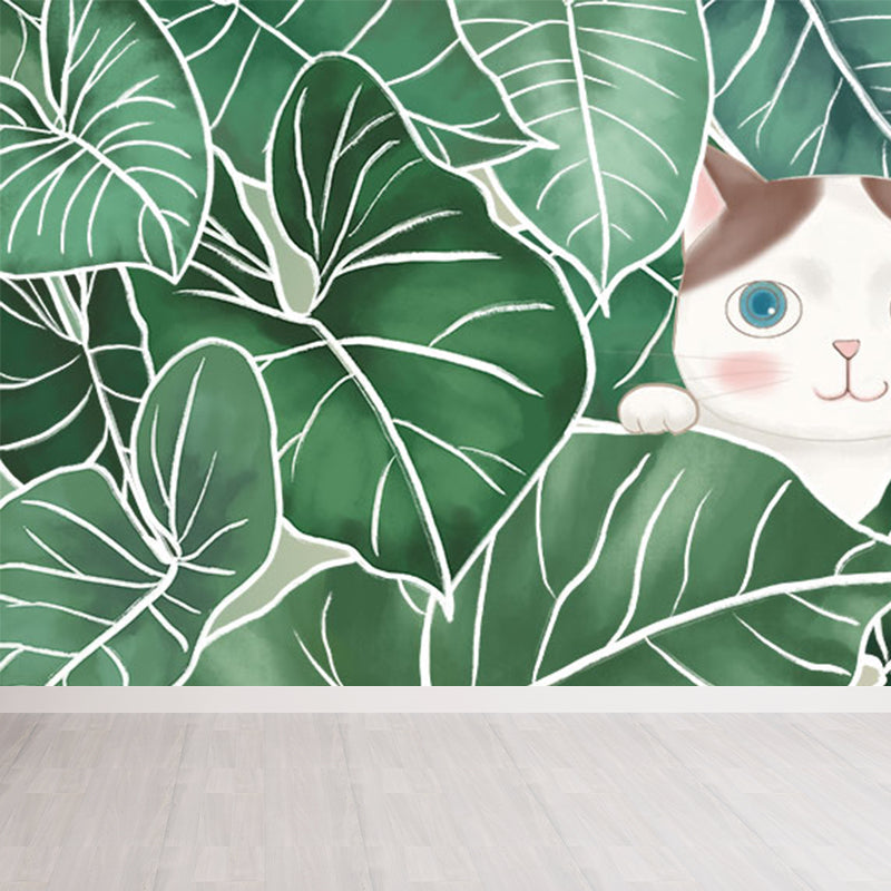 Leaves and Animal Mural Wallpaper Modern Non-Woven Material Wall Covering in Green Clearhalo 'Wall Decor' 'Wall Mural' 1786634