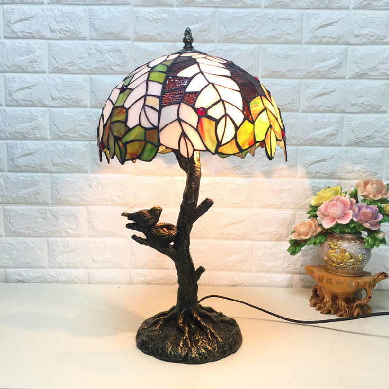 Rustic Tiffany Leaf Desk Light with Tree Base 1 Head Stained Glass Table Light in Green and White for Cafe Green-White Clearhalo 'Lamps' 'Table Lamps' Lighting' 178673