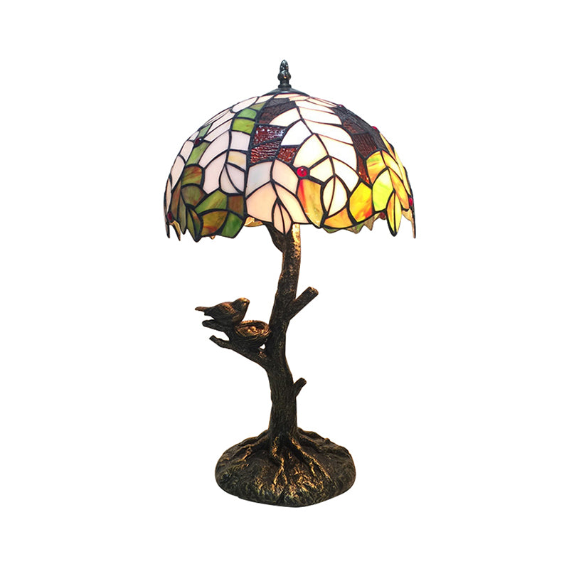 Rustic Tiffany Leaf Desk Light with Tree Base 1 Head Stained Glass Table Light in Green and White for Cafe Clearhalo 'Lamps' 'Table Lamps' Lighting' 178675