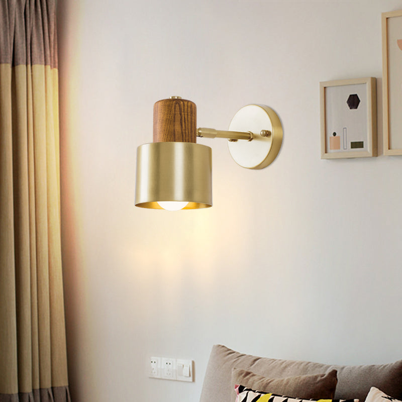 Beige/Brown Cylinder Wall Sconce Colonialism Metal 1 Light Bedroom Wall Lighting Fixture with Wooden Top Clearhalo 'Wall Lamps & Sconces' 'Wall Lights' Lighting' 1787275