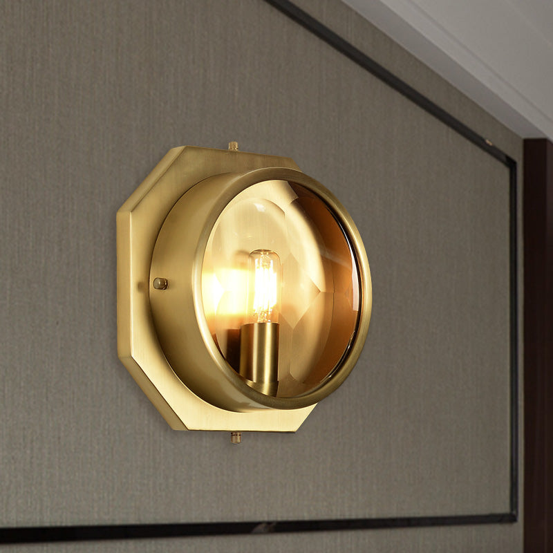 Octagon Bedroom Wall Mounted Light Colonialism Metal 1 Head Gold Sconce with Crystal Accent Clearhalo 'Wall Lamps & Sconces' 'Wall Lights' Lighting' 1787282