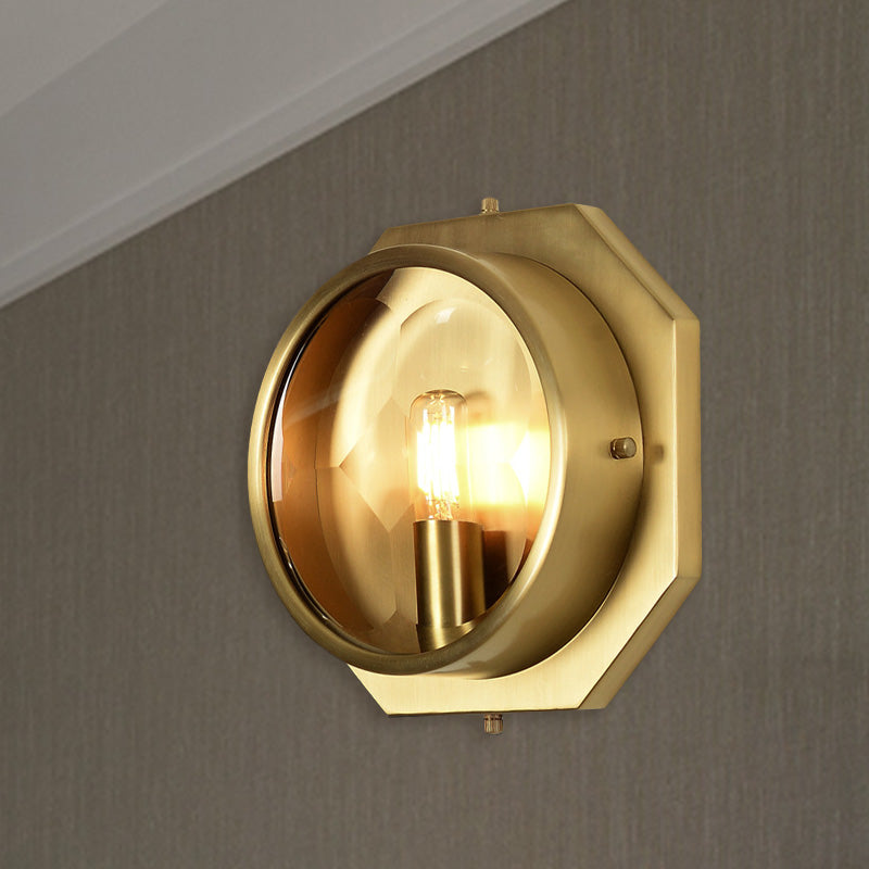 Octagon Bedroom Wall Mounted Light Colonialism Metal 1 Head Gold Sconce with Crystal Accent Clearhalo 'Wall Lamps & Sconces' 'Wall Lights' Lighting' 1787284