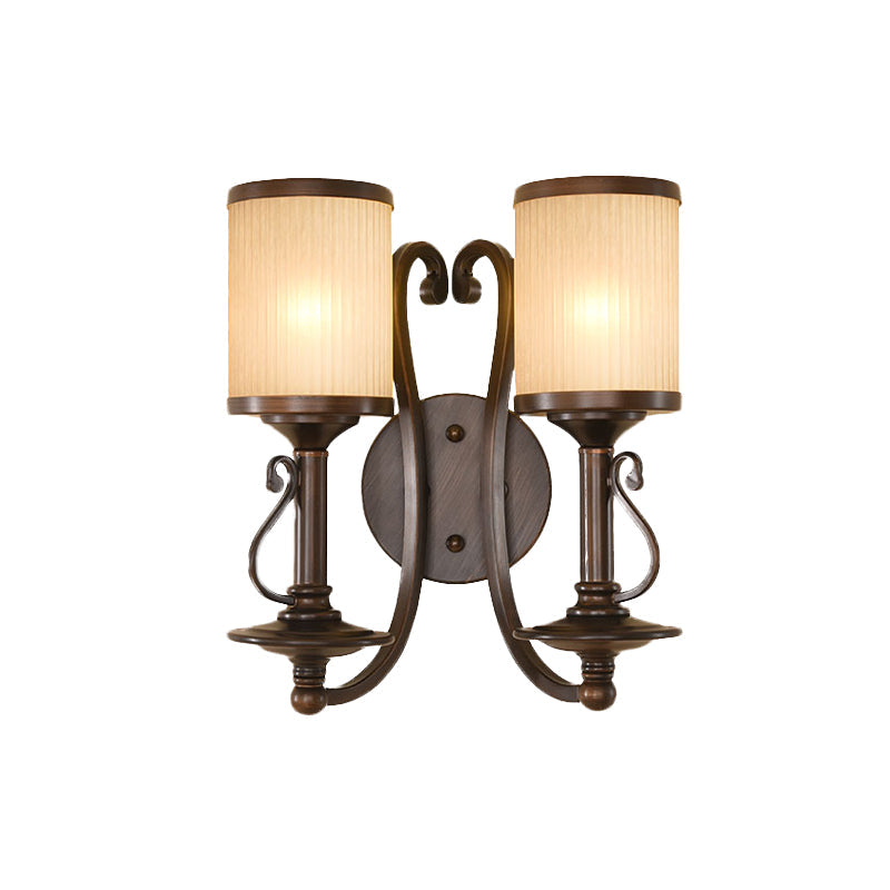 Traditional Column Wall Sconce Light 2 Lights Frosted Prismatic Glass Wall Mounted Lighting in Brown Clearhalo 'Wall Lamps & Sconces' 'Wall Lights' Lighting' 1787325