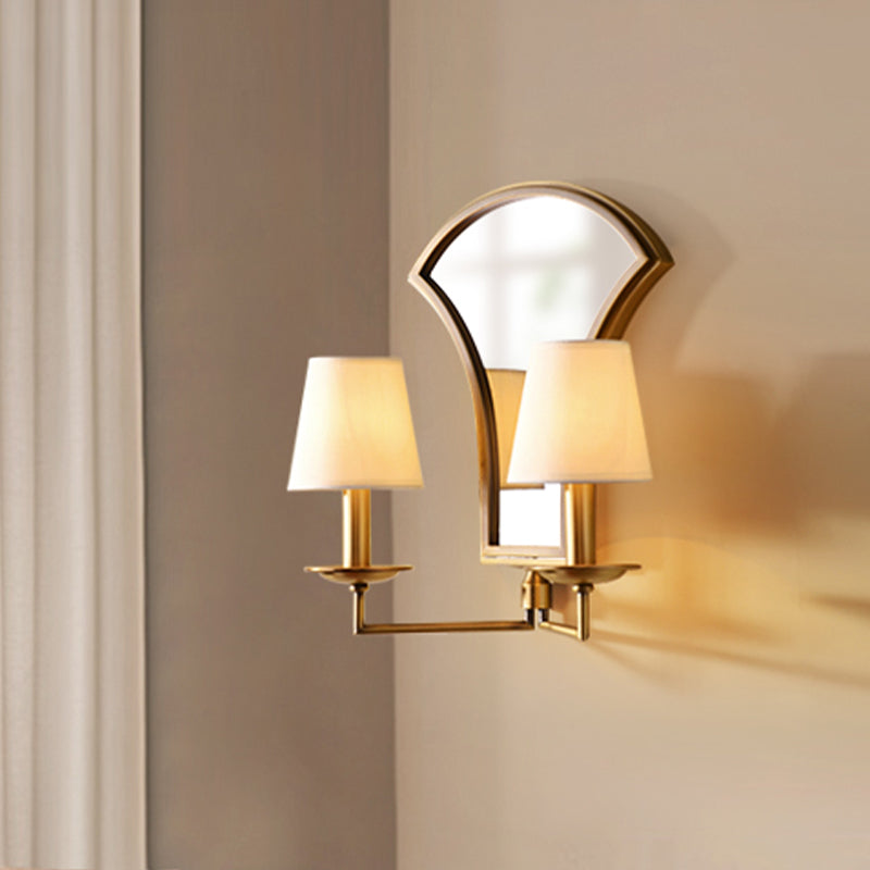 Retro Candlestick Wall Lamp 2 Bulbs Metal Sconce Light Fixture in Gold with Mirror and Fabric Empire Shade Clearhalo 'Wall Lamps & Sconces' 'Wall Lights' Lighting' 1787346