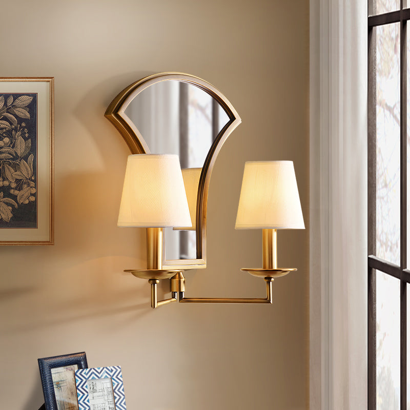 Retro Candlestick Wall Lamp 2 Bulbs Metal Sconce Light Fixture in Gold with Mirror and Fabric Empire Shade Clearhalo 'Wall Lamps & Sconces' 'Wall Lights' Lighting' 1787348