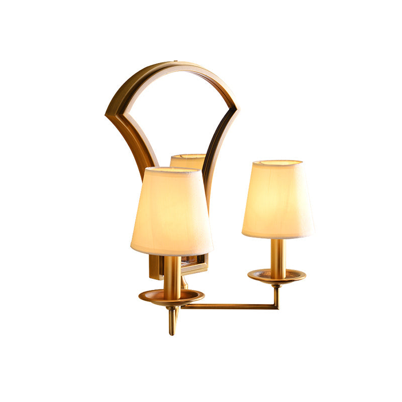 Retro Candlestick Wall Lamp 2 Bulbs Metal Sconce Light Fixture in Gold with Mirror and Fabric Empire Shade Clearhalo 'Wall Lamps & Sconces' 'Wall Lights' Lighting' 1787349