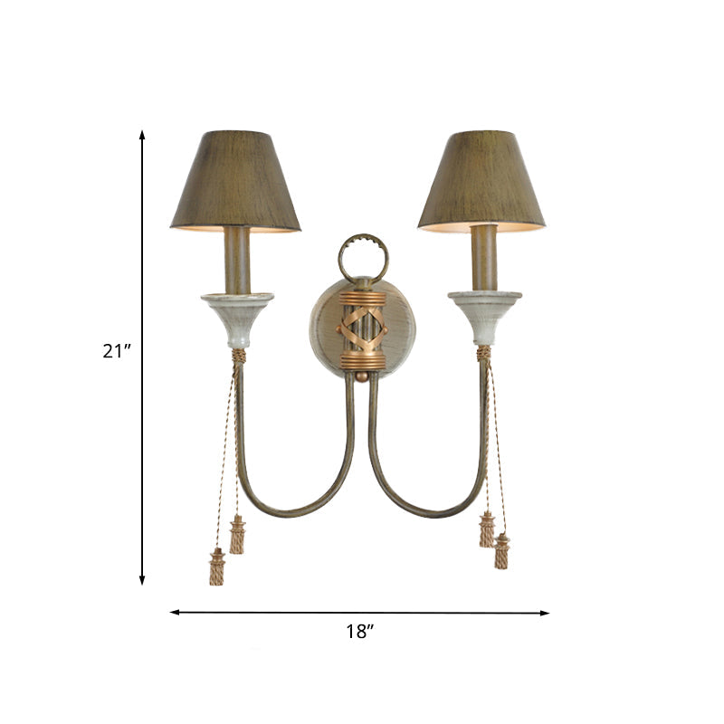 Swooping Arm Parlor Sconce Light Vintage Iron 2 Lights Gold Wall Mount Lamp with Tapered Shade and Carved Spike Drop Clearhalo 'Wall Lamps & Sconces' 'Wall Lights' Lighting' 1787355