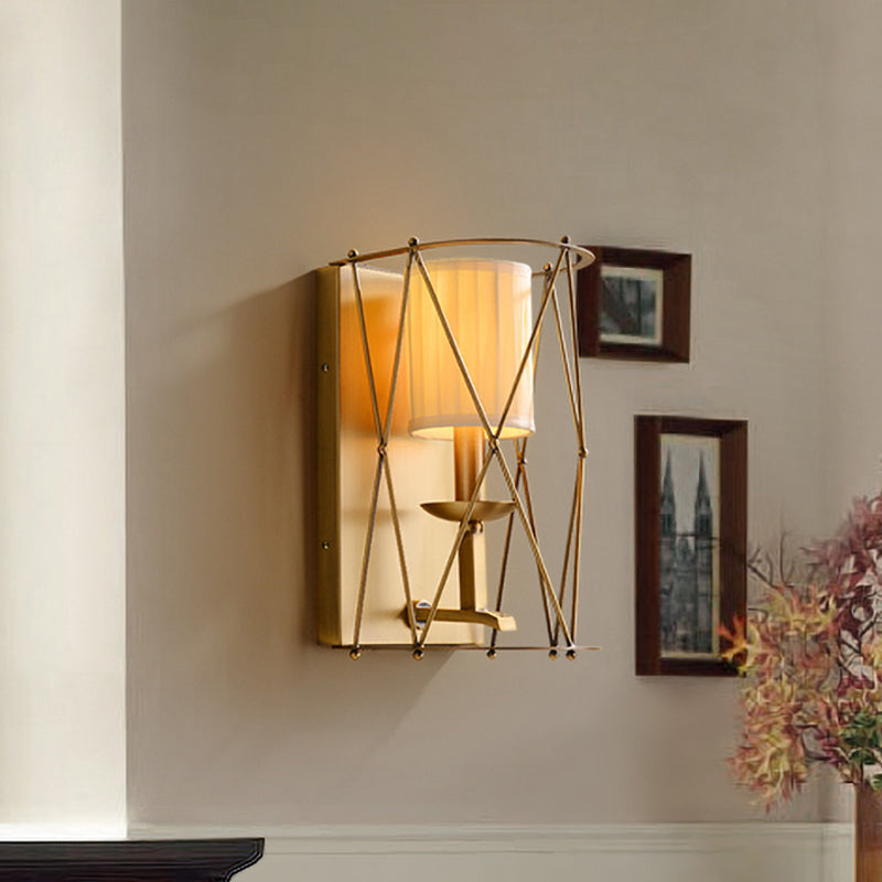 Lodges Cylindrical Wall Lighting Single Gathered Fabric Sconce with Gold Lattice Net Clearhalo 'Wall Lamps & Sconces' 'Wall Lights' Lighting' 1787356