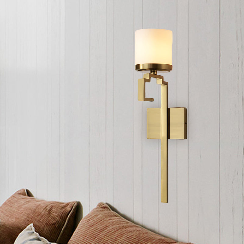 1 Bulb Pillar Sconce Lighting Mid Century Brass Opal Matte Glass Wall Light Fixture with Oriental Element Clearhalo 'Wall Lamps & Sconces' 'Wall Lights' Lighting' 1787366