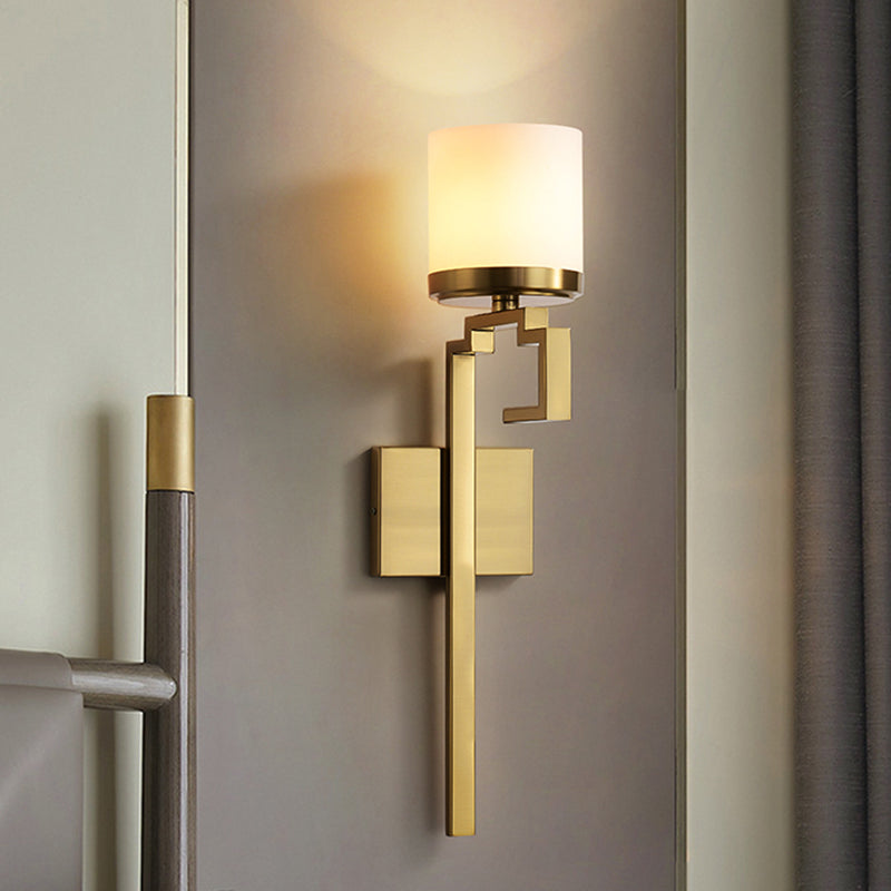 1 Bulb Pillar Sconce Lighting Mid Century Brass Opal Matte Glass Wall Light Fixture with Oriental Element Gold Clearhalo 'Wall Lamps & Sconces' 'Wall Lights' Lighting' 1787367