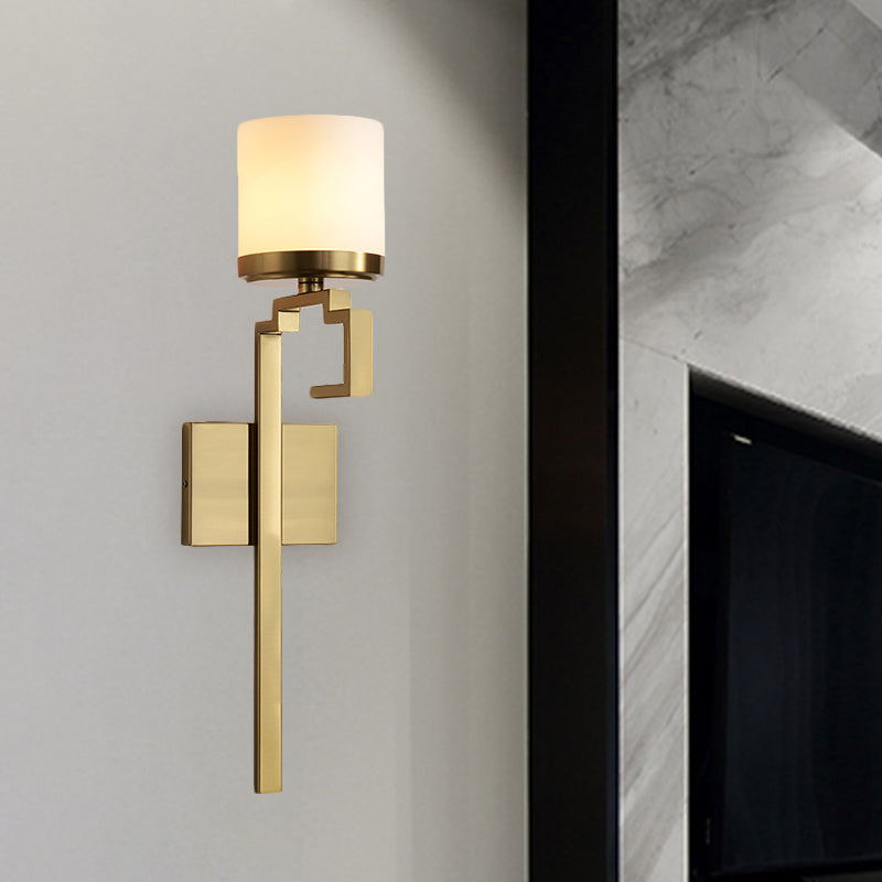 1 Bulb Pillar Sconce Lighting Mid Century Brass Opal Matte Glass Wall Light Fixture with Oriental Element Clearhalo 'Wall Lamps & Sconces' 'Wall Lights' Lighting' 1787368