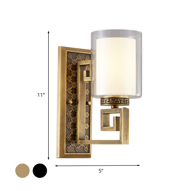 Antiqued Gold/Black Sconce Ideas Traditional Transparent and Matte Glass Dual Shade Pillar Wall Mounted Light Clearhalo 'Wall Lamps & Sconces' 'Wall Lights' Lighting' 1787375