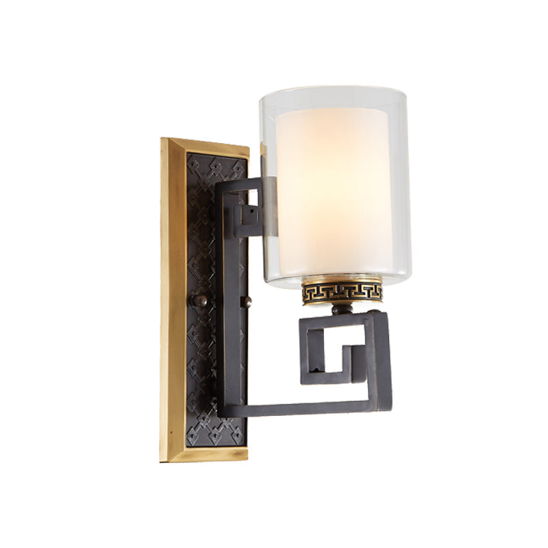 Antiqued Gold/Black Sconce Ideas Traditional Transparent and Matte Glass Dual Shade Pillar Wall Mounted Light Clearhalo 'Wall Lamps & Sconces' 'Wall Lights' Lighting' 1787379