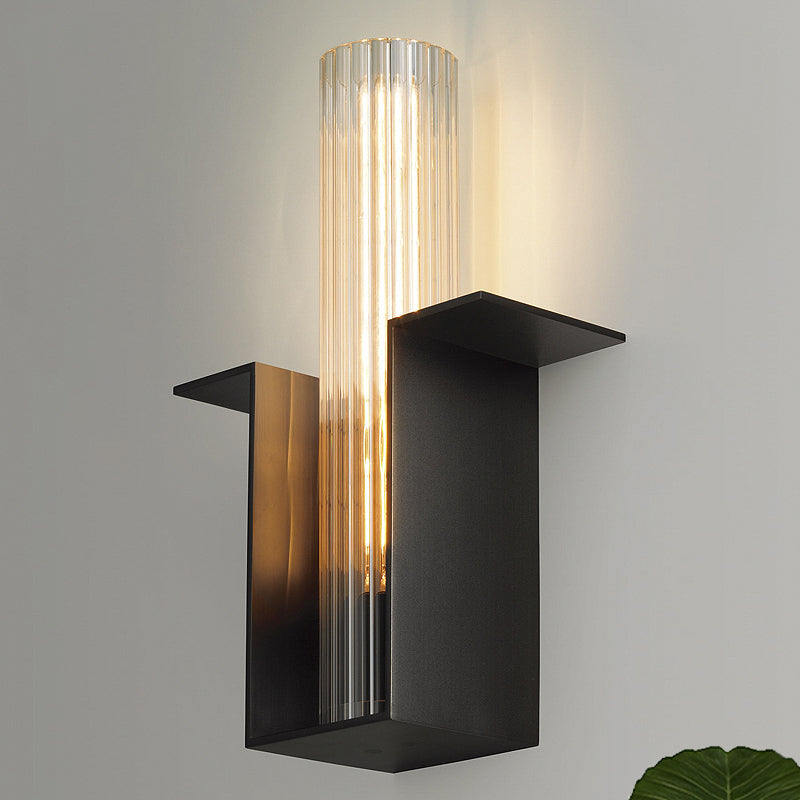 Single Translucent Glass Wall Light Kit Vintage Black Tube Bedroom Sconce Lighting Fixture with Slot Arm Clearhalo 'Wall Lamps & Sconces' 'Wall Lights' Lighting' 1787382