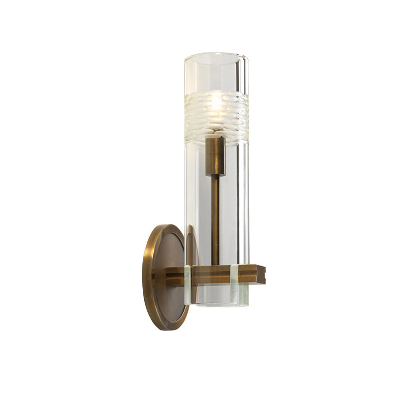 Clear Glass Gold Wall Lamp Sconce Cylindrical 1/2-Bulb Colonialist Wall Mounted Light for Living Room Clearhalo 'Wall Lamps & Sconces' 'Wall Lights' Lighting' 1787418