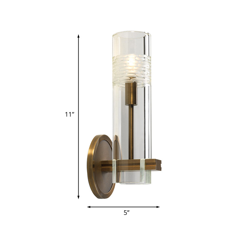 Clear Glass Gold Wall Lamp Sconce Cylindrical 1/2-Bulb Colonialist Wall Mounted Light for Living Room Clearhalo 'Wall Lamps & Sconces' 'Wall Lights' Lighting' 1787419