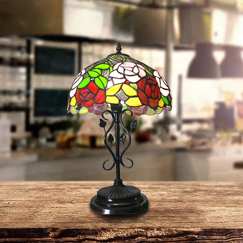 Stained Glass Rose Desk Light with Leaf Base Office 1 Bulb Tiffany Rustic Desk Lamp in Black Finish Clearhalo 'Lamps' 'Table Lamps' Lighting' 178742