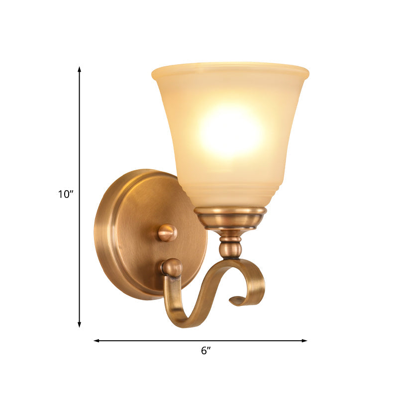 Frosted Glass Gold Wall Lamp Bell 1/2-Light Colonialism Sconce Lighting Fixture with Metal Curved Arm Clearhalo 'Wall Lamps & Sconces' 'Wall Lights' Lighting' 1787424