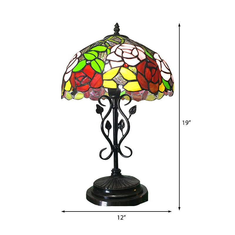 Stained Glass Rose Desk Light with Leaf Base Office 1 Bulb Tiffany Rustic Desk Lamp in Black Finish Clearhalo 'Lamps' 'Table Lamps' Lighting' 178744