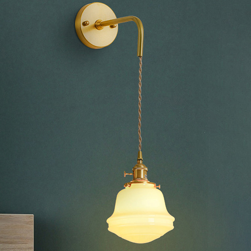 Milky Glass Bell Sconce Lighting Colonialist 1 Bulb Bedroom Wall Mounted Light in Gold with Cord/Straight Arm Clearhalo 'Wall Lamps & Sconces' 'Wall Lights' Lighting' 1787461