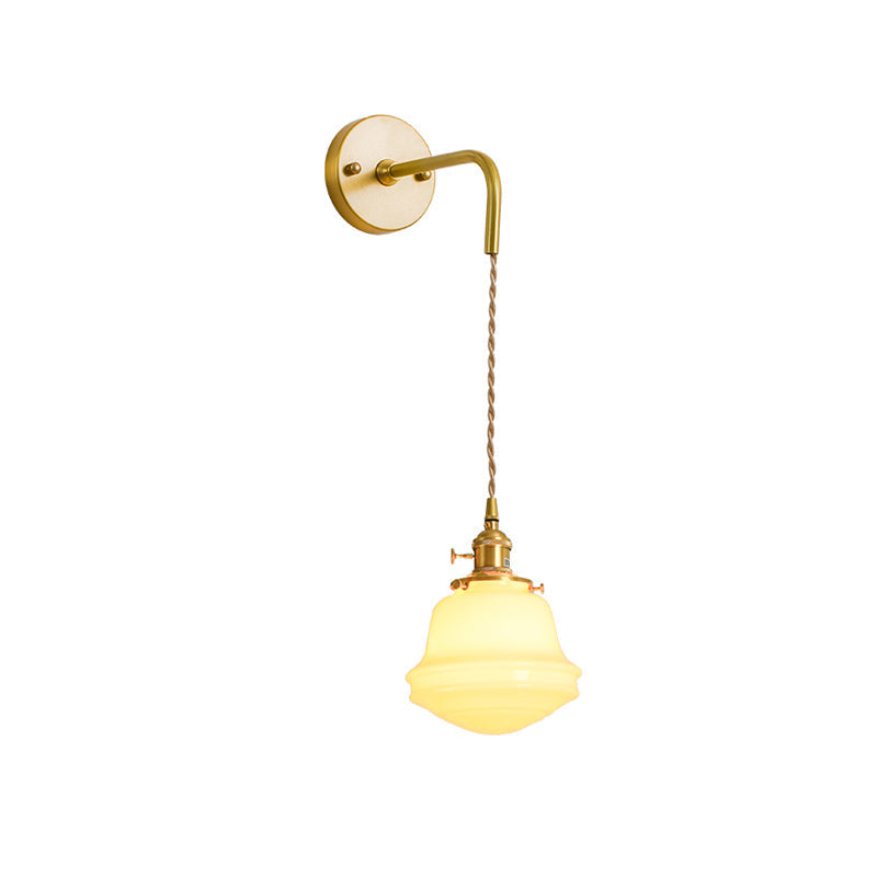 Milky Glass Bell Sconce Lighting Colonialist 1 Bulb Bedroom Wall Mounted Light in Gold with Cord/Straight Arm Clearhalo 'Wall Lamps & Sconces' 'Wall Lights' Lighting' 1787462