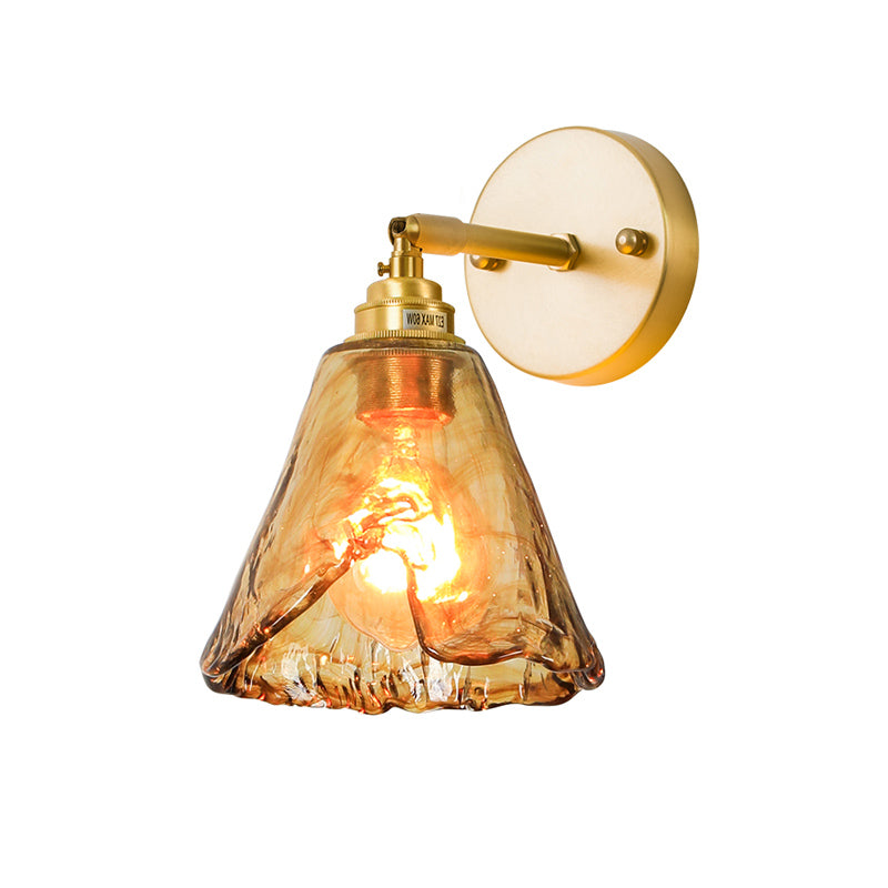 Tan Glass Gold Wall Light Shade Saucer/Funnel/Trapezoid 1-Head Colonial Wall Sconce Lighting Fixture for Bedroom Clearhalo 'Wall Lamps & Sconces' 'Wall Lights' Lighting' 1787496