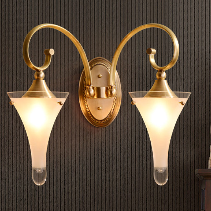 1/2-Head Flared Wall Light Sconce Colonial Gold Frosted White Glass Wall Lighting Fixture with Scrolled Arm Clearhalo 'Wall Lamps & Sconces' 'Wall Lights' Lighting' 1787500