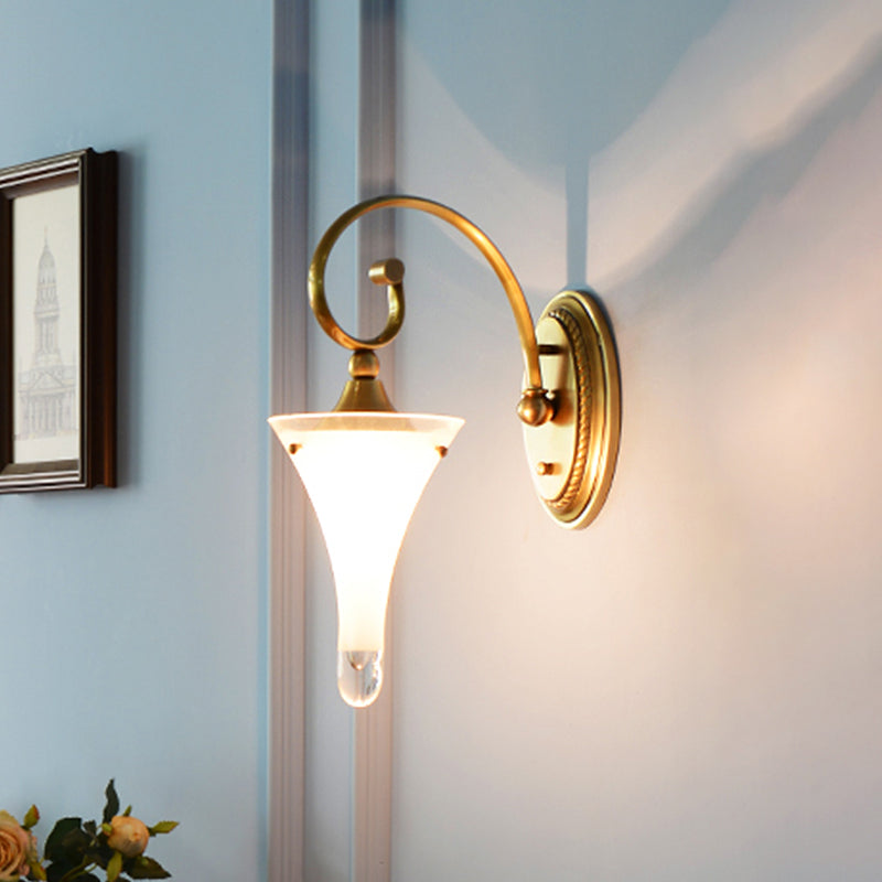 1/2-Head Flared Wall Light Sconce Colonial Gold Frosted White Glass Wall Lighting Fixture with Scrolled Arm Clearhalo 'Wall Lamps & Sconces' 'Wall Lights' Lighting' 1787504