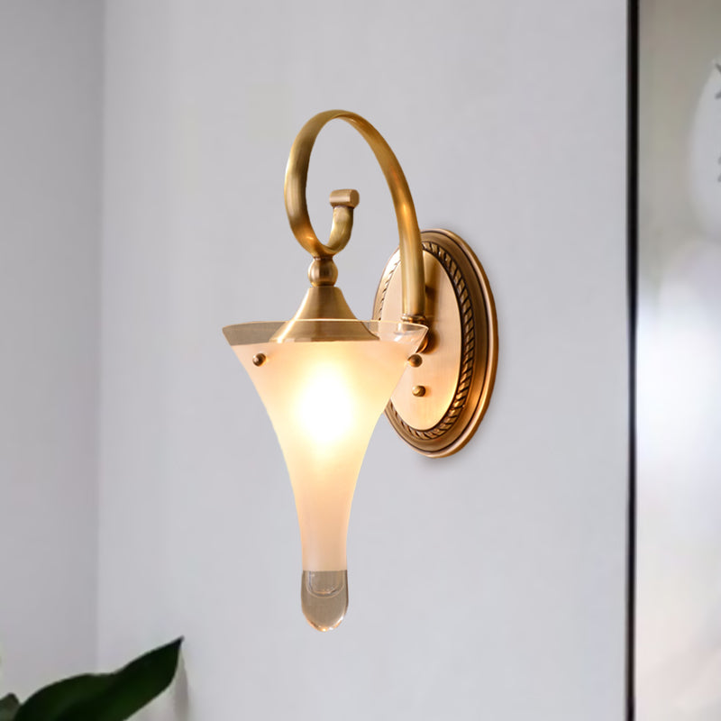 1/2-Head Flared Wall Light Sconce Colonial Gold Frosted White Glass Wall Lighting Fixture with Scrolled Arm Clearhalo 'Wall Lamps & Sconces' 'Wall Lights' Lighting' 1787505