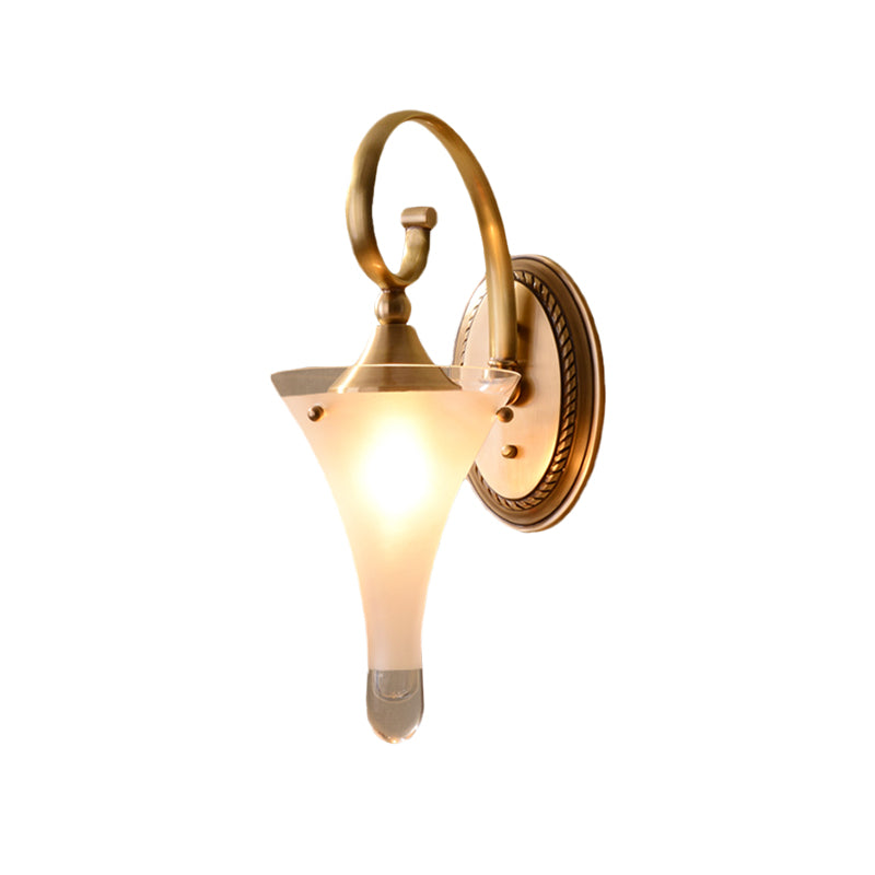 1/2-Head Flared Wall Light Sconce Colonial Gold Frosted White Glass Wall Lighting Fixture with Scrolled Arm Clearhalo 'Wall Lamps & Sconces' 'Wall Lights' Lighting' 1787506