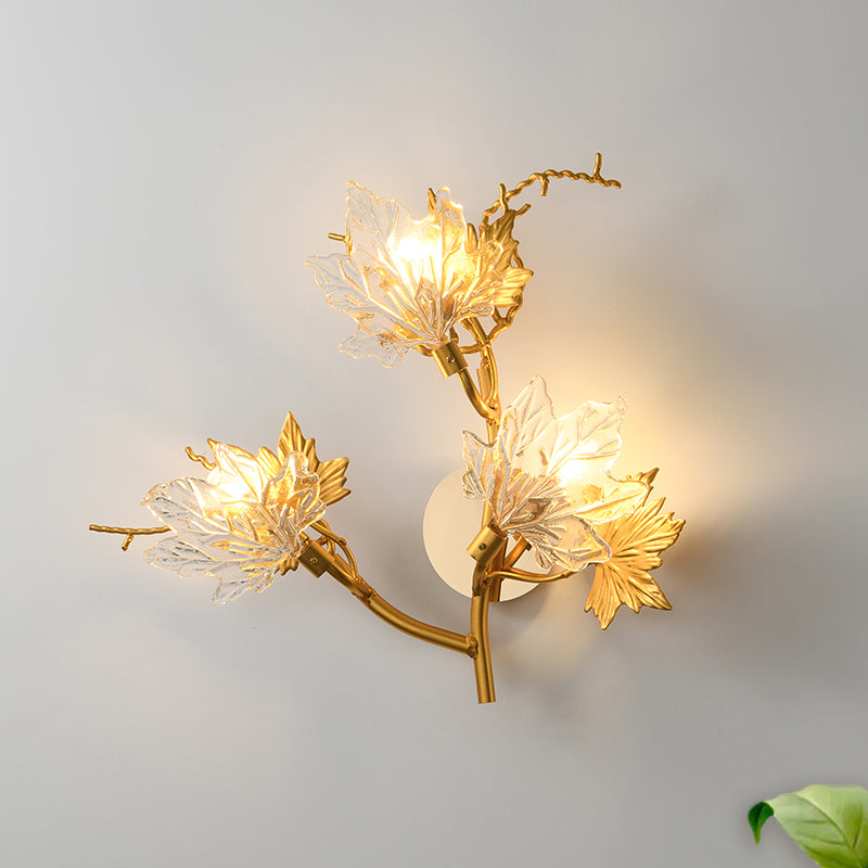 Colonialist Maple Leaf Wall Lamp 3-Light Clear Textured Glass Sconce Wall Lighting in Gold for Bedroom Clearhalo 'Wall Lamps & Sconces' 'Wall Lights' Lighting' 1787510