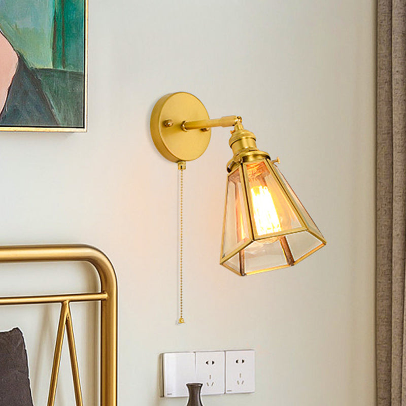 Colonialism Tapered Wall Light Fixture 1-Bulb Clear Glass Sconce Lamp in Gold with/without Pull Chain Clearhalo 'Wall Lamps & Sconces' 'Wall Lights' Lighting' 1787523