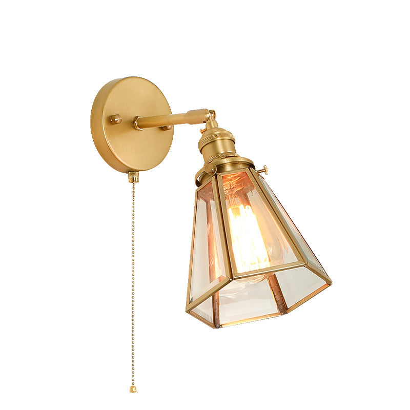 Colonialism Tapered Wall Light Fixture 1-Bulb Clear Glass Sconce Lamp in Gold with/without Pull Chain Clearhalo 'Wall Lamps & Sconces' 'Wall Lights' Lighting' 1787526