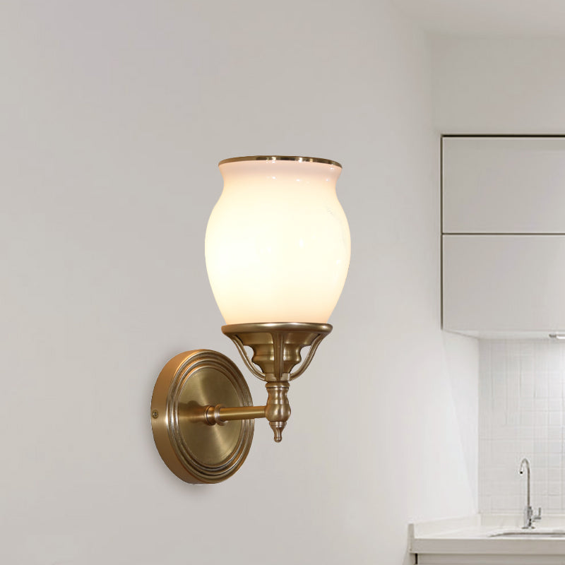 Urn Opal Glass Sconce Lamp Colonialism 1-Bulb Living Room Wall Light Fixture in Brass with Metal Straight Am Clearhalo 'Wall Lamps & Sconces' 'Wall Lights' Lighting' 1787543