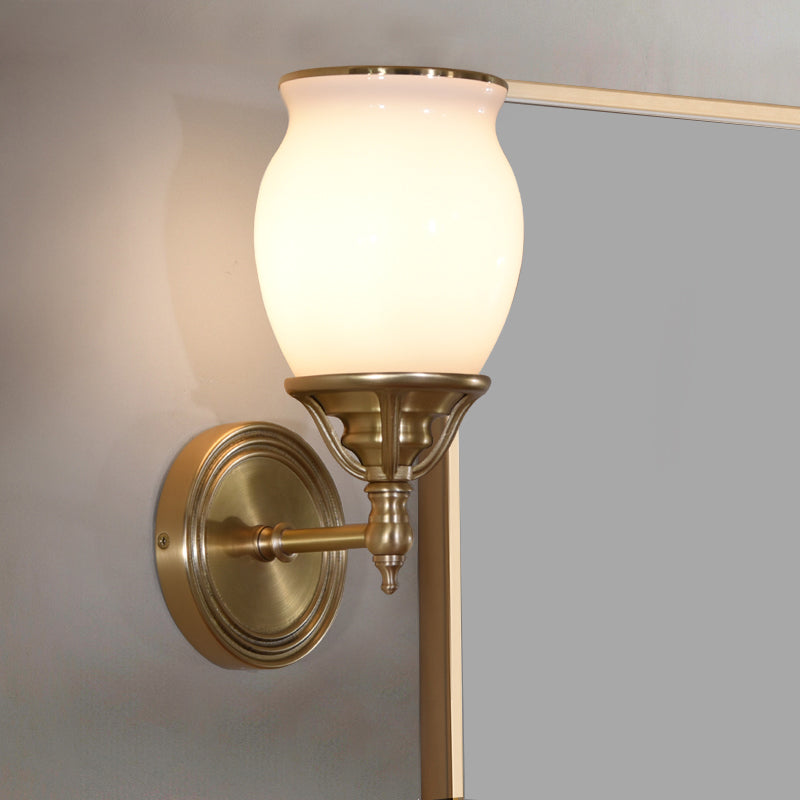Urn Opal Glass Sconce Lamp Colonialism 1-Bulb Living Room Wall Light Fixture in Brass with Metal Straight Am Clearhalo 'Wall Lamps & Sconces' 'Wall Lights' Lighting' 1787545