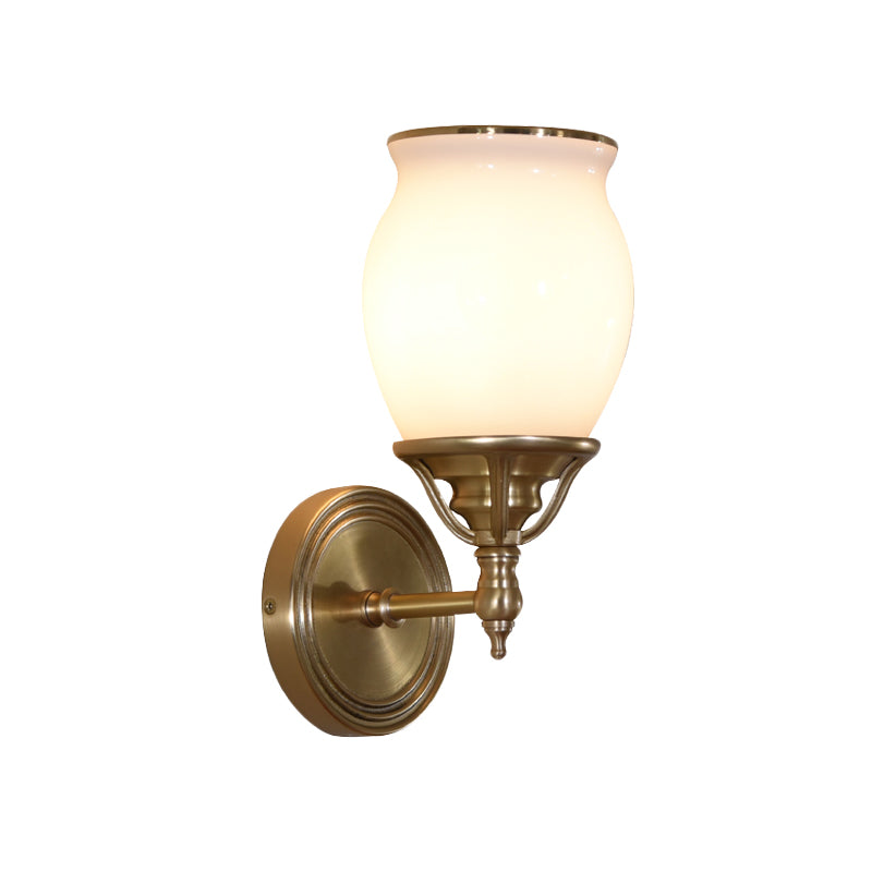 Urn Opal Glass Sconce Lamp Colonialism 1-Bulb Living Room Wall Light Fixture in Brass with Metal Straight Am Clearhalo 'Wall Lamps & Sconces' 'Wall Lights' Lighting' 1787546
