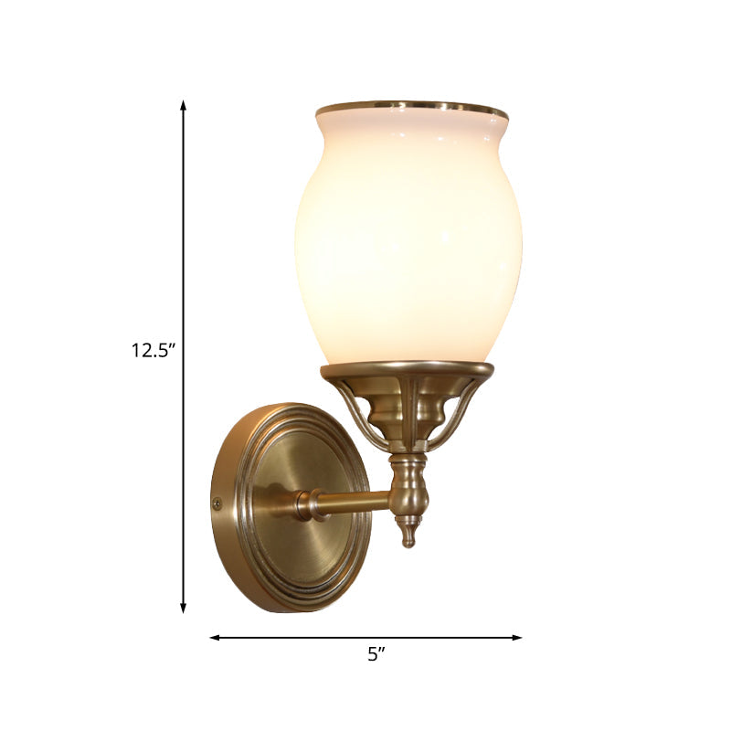 Urn Opal Glass Sconce Lamp Colonialism 1-Bulb Living Room Wall Light Fixture in Brass with Metal Straight Am Clearhalo 'Wall Lamps & Sconces' 'Wall Lights' Lighting' 1787547