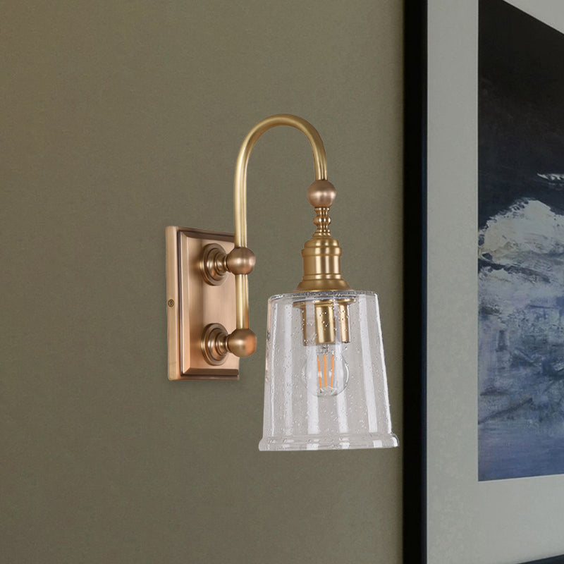 Conical Bathroom Sconce Light Colonial White/Clear Bubble Glass 1 Bulb Brass Wall Lamp with Metal Gooseneck Arm Clearhalo 'Wall Lamps & Sconces' 'Wall Lights' Lighting' 1787548