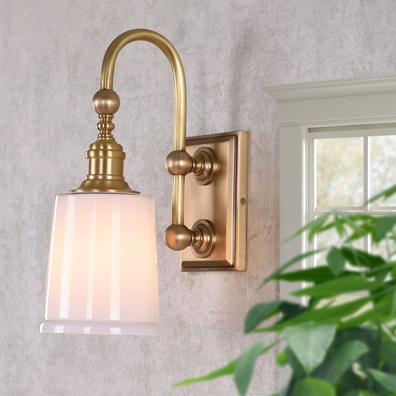 Conical Bathroom Sconce Light Colonial White/Clear Bubble Glass 1 Bulb Brass Wall Lamp with Metal Gooseneck Arm Clearhalo 'Wall Lamps & Sconces' 'Wall Lights' Lighting' 1787555