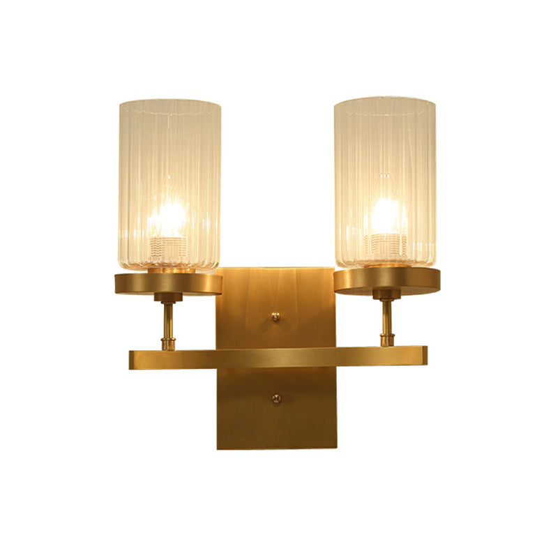 Clear Ribbed Glass Cylinder Wall Light 1/2-Head Bedroom Wall Sconce Lighting Fixture in Gold Clearhalo 'Wall Lamps & Sconces' 'Wall Lights' Lighting' 1787560