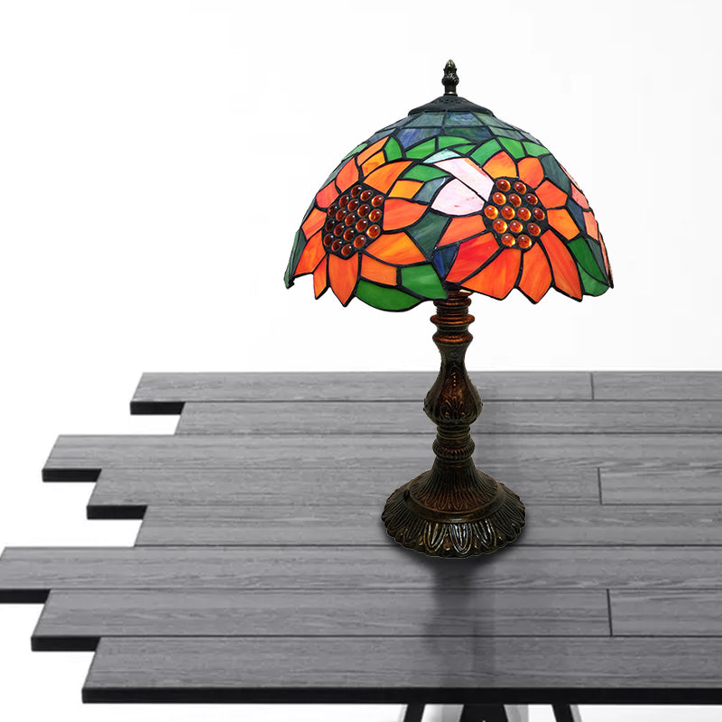 Rustic Tiffany Sunflower Desk Light 1 Head Stained Glass Cone/Dome/Bowl Table Light in Orange for Bedroom Orange Bowl Clearhalo 'Lamps' 'Table Lamps' Lighting' 178758