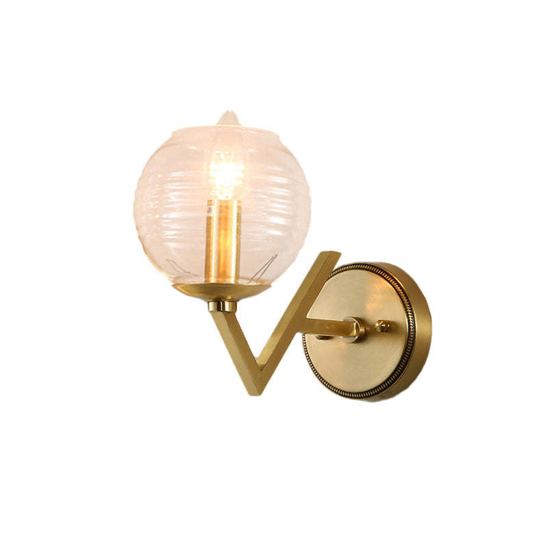 Global Clear Ribbed Glass Sconce Colonialism 1/2-Head Corridor Wall Light in Gold with V Shape Metal Arm Clearhalo 'Wall Lamps & Sconces' 'Wall Lights' Lighting' 1787638