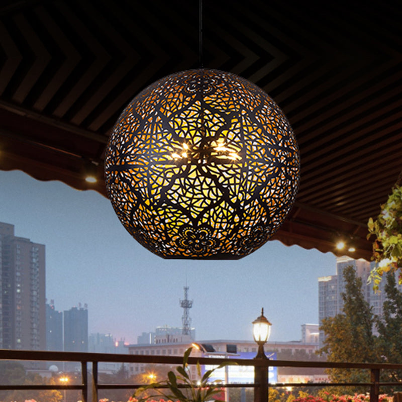 Globe Dining Room Pendant Chandelier Arab Iron 3 Lights Black Ceiling Suspension Lamp with Hollow-Out Design Clearhalo 'Ceiling Lights' 'Pendant Lights' 'Pendants' Lighting' 1787675