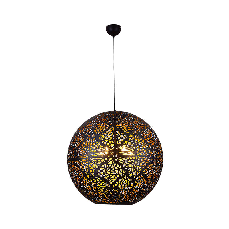 Globe Dining Room Pendant Chandelier Arab Iron 3 Lights Black Ceiling Suspension Lamp with Hollow-Out Design Clearhalo 'Ceiling Lights' 'Pendant Lights' 'Pendants' Lighting' 1787676