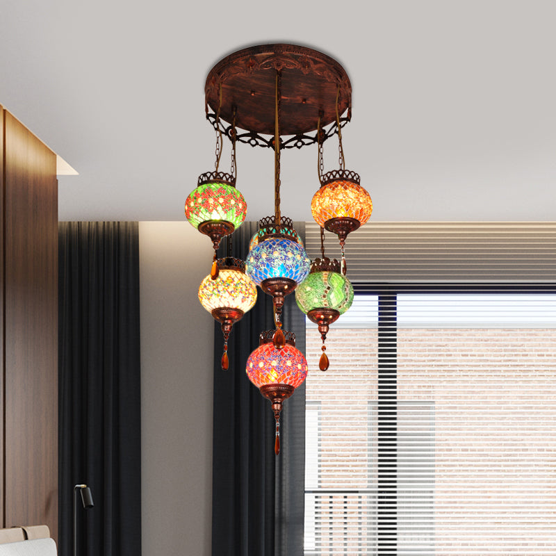 Global Cut Glass Hanging Light Bohemian 7-Head Kitchen Chandelier Lighting Fixture in Copper Clearhalo 'Ceiling Lights' 'Pendant Lights' 'Pendants' Lighting' 1787773